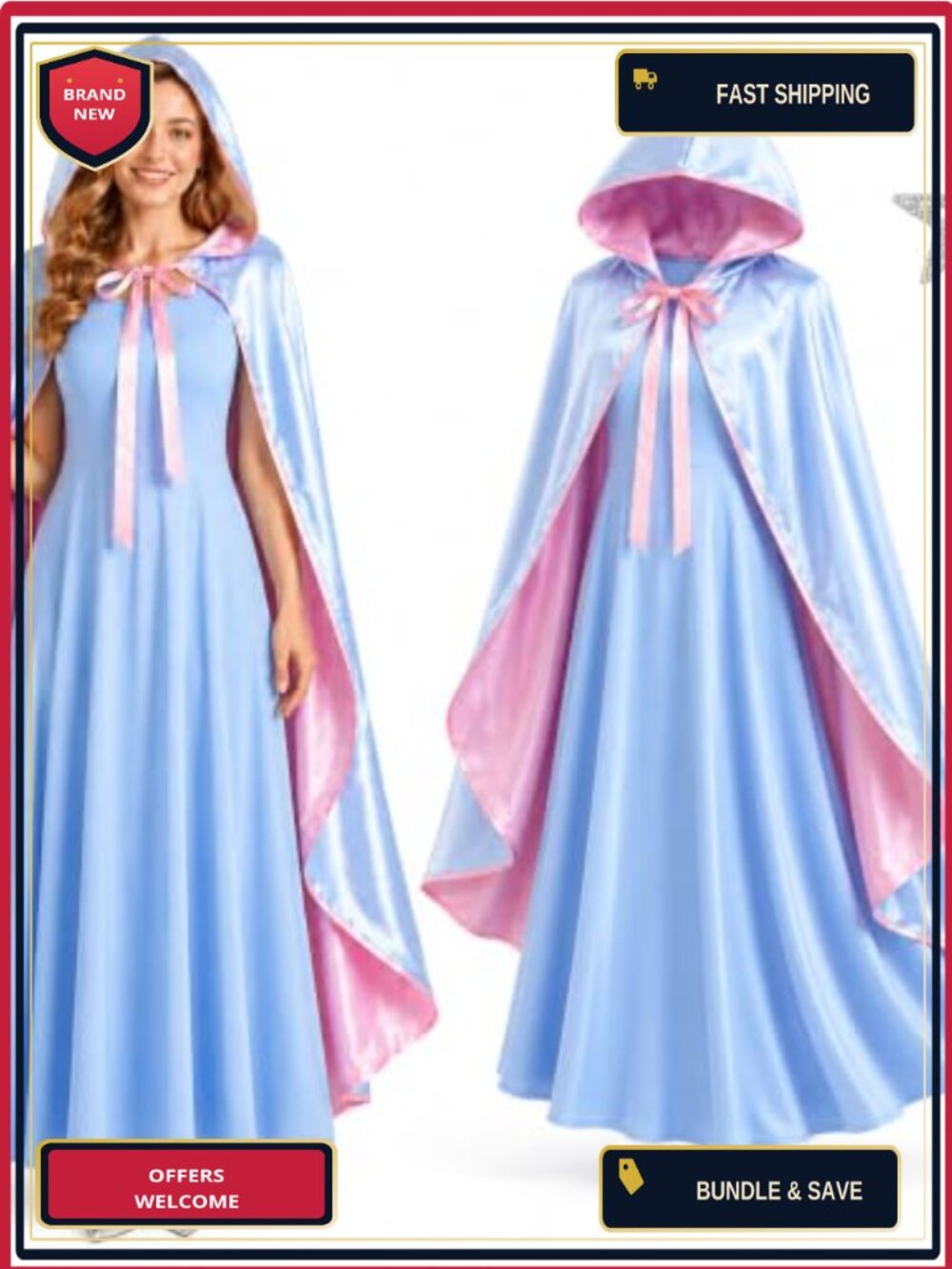 3PCS Fairy Godmother Costume Women Hooded Cape Dress Wand Fantasy Cosplay